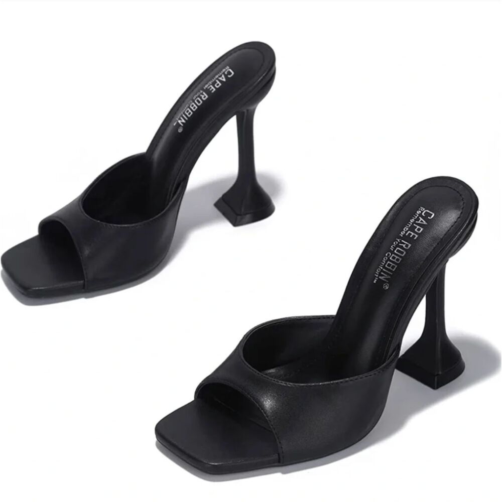 Cape Robbin Black Sculpted Heel Square-Toe Mules